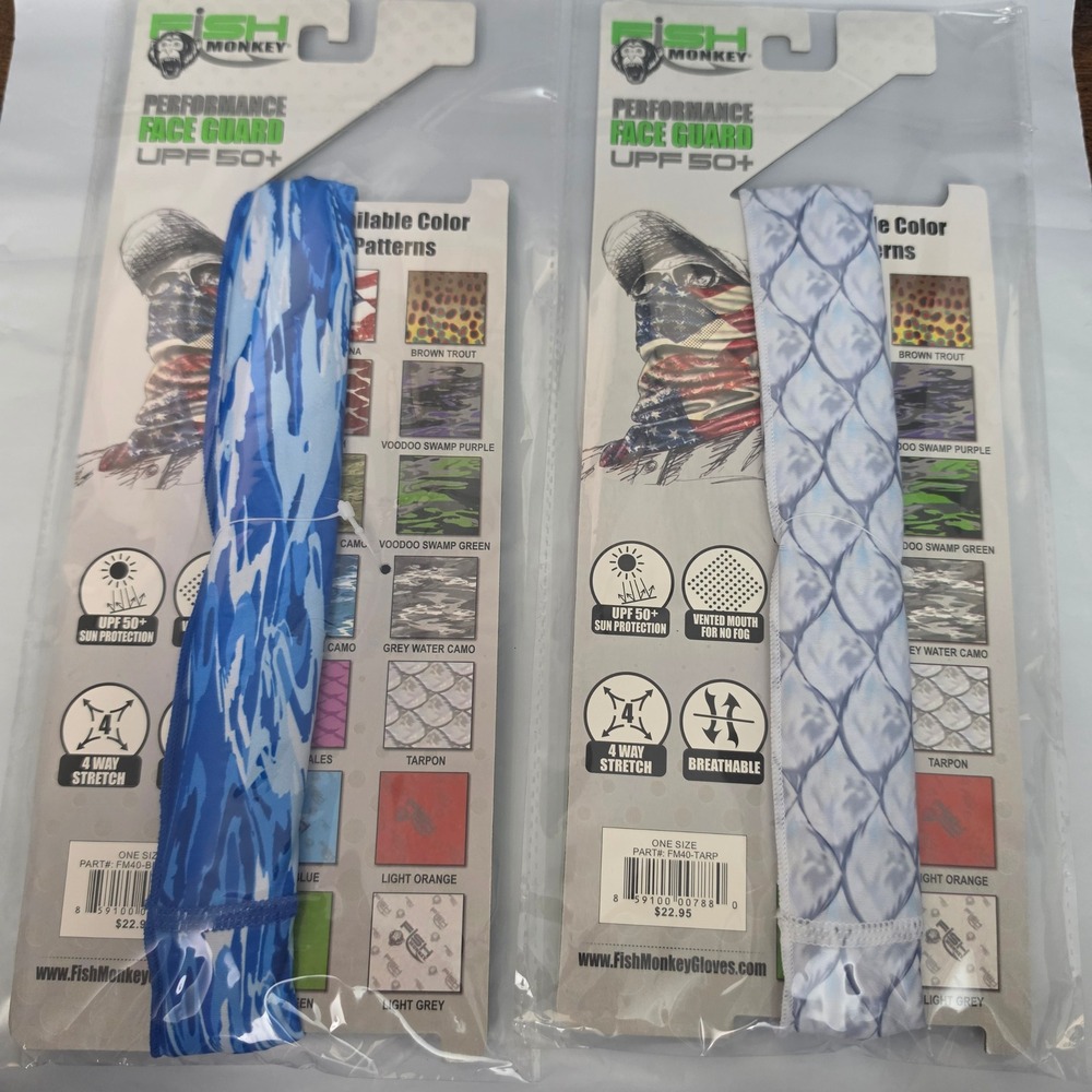 Fish Monkey Performance Face Guard Unisex Blue & Grey Lot Of 2 UPF 50+ Camo Mask